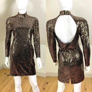 Vintage 90s Lilli Rubin Gold Metallic Sequin Bodycon Mini Dress 8/M Backless